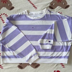 Champion Lavender & White Striped Cropped Crewneck Sweatshirt